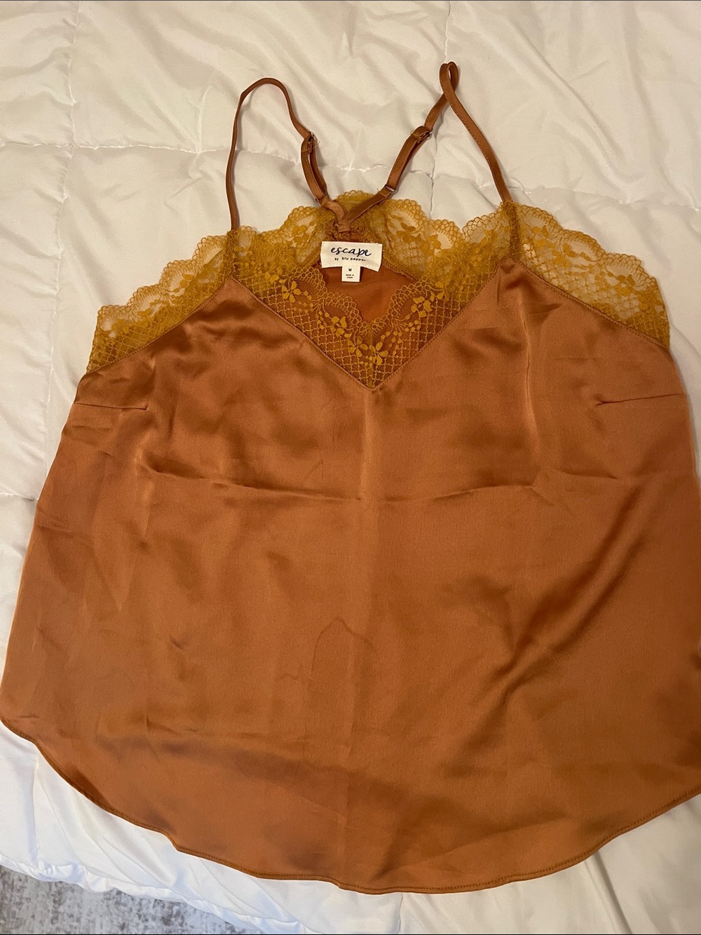 Satin Lace Trim Cami Tank Top - mustard yellow